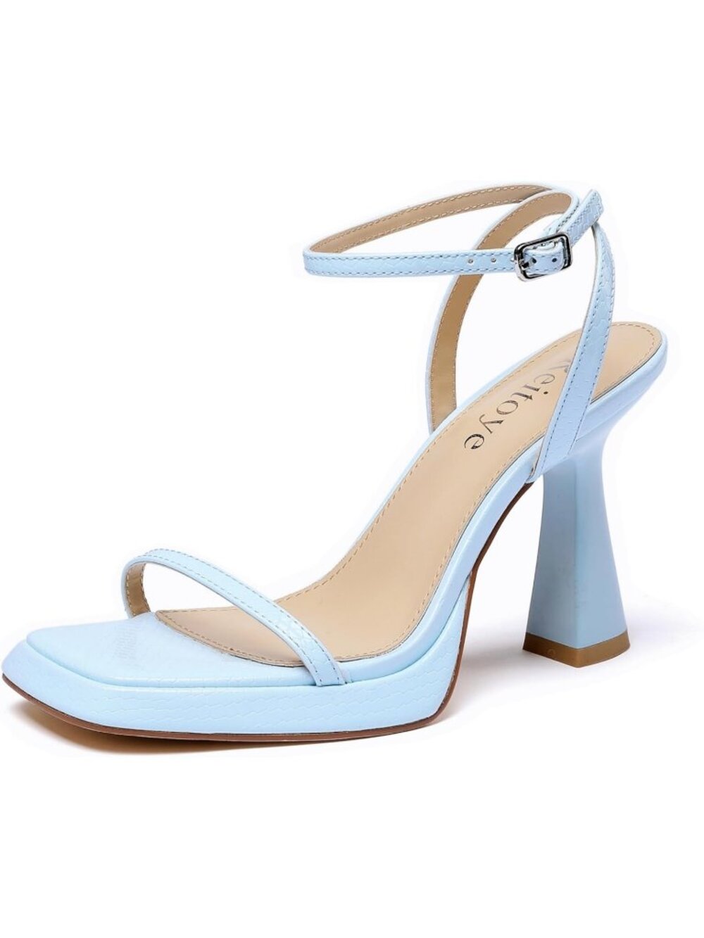 Women's Light Blue Chunky Square Toe Heel Sandals Block High Ankle Strap Heels